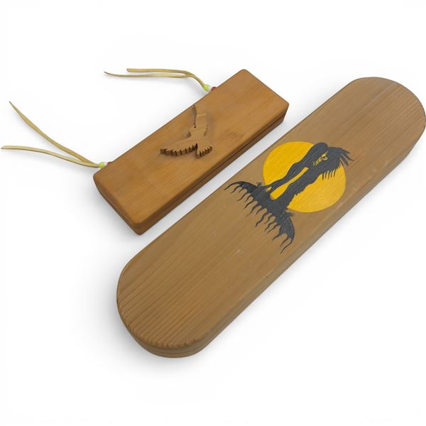 Hand Painted Wood Keepsake Box (2" x 5" x 17") & Carved Top Box with Feathers Inside (1.5" x 3" x 10