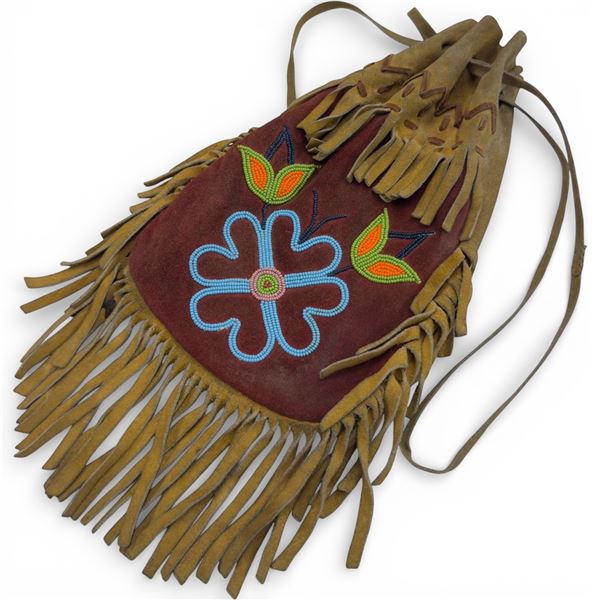Beaded Leather First Nations Design Drawstring Purse (8" x 12")