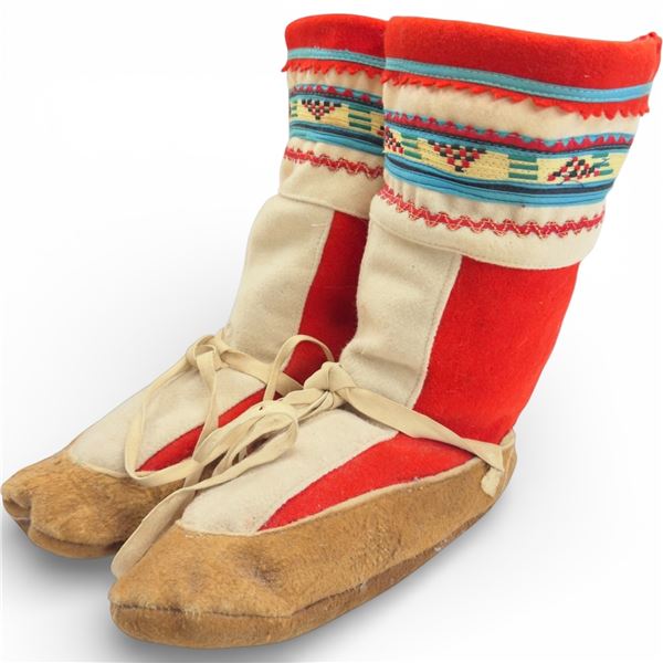Pair of Vintage Mid-20th Century Athabascan Felt & Fabric Mukluk Boots with Leather Soles (11" long