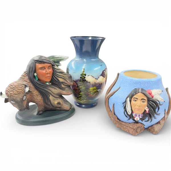 2 Vases & 1 Ceramic Sculpture * Largest vase is 10" tall x 7" diameter