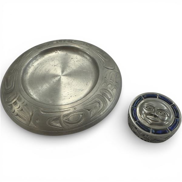 Boma Pewter Pillar Candle Stand (6" Diameter) & Lidded Enameled Pewter Trinket Box (.75" tall x 2" d