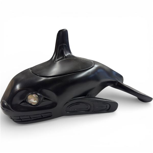 Lidded First Nations Design Orca Keepsake Box with Abalone Eye (5" x 11" x 6" tall)