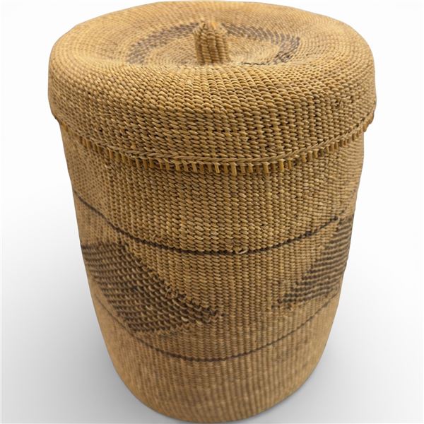 Lidded Woven Grass Basket with Geometric Pattern - 10" tall x 8" diameter