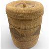 Image 1 : Lidded Woven Grass Basket with Geometric Pattern - 10" tall x 8" diameter