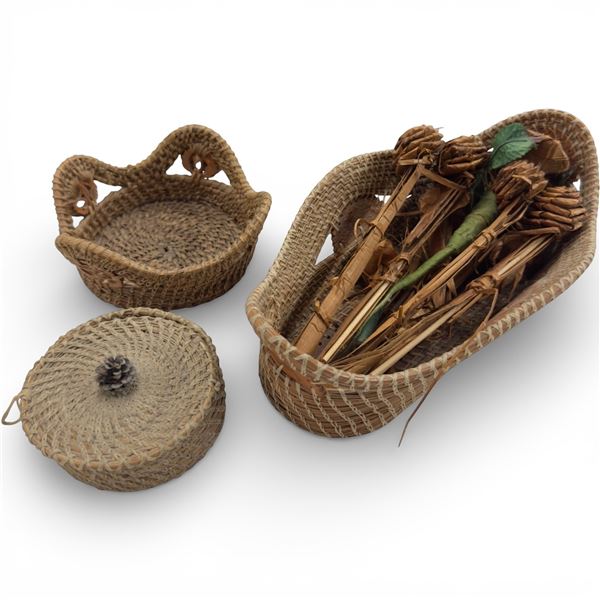 3 Woven Grass Baskets & 8 Cedar Bark Roses (Largest Basket is 6" x 10" x 3")