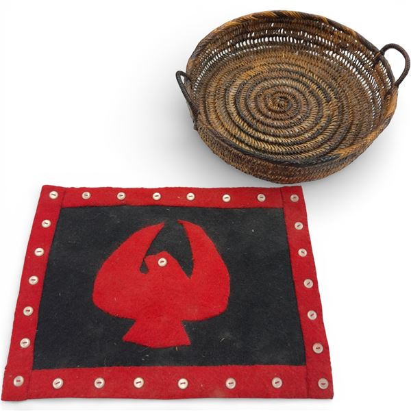 First Nations Felt and Button Eagle Wall Hanging (9" x 12") & Woven Grass Tray (3" deep x 10" diamet