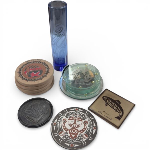 Collection of First Nation Design Coasters & 8" Tall Blue Glass Vase