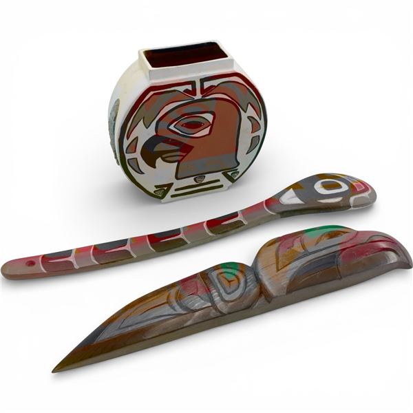 3 Northwest Coast Art Pieces (6" Tall Ceramic Vase, 16" Carved Wood Spoon, and Stuart Barfoot 12" X