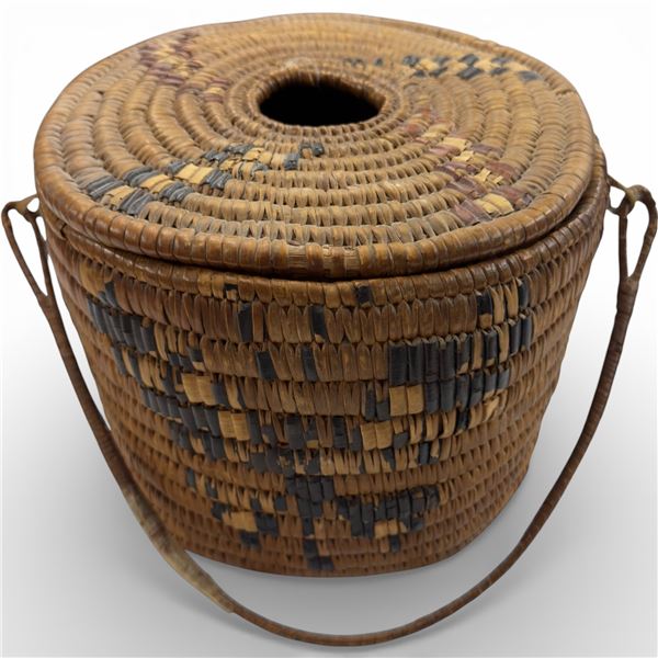 Vintage Woven Storage Basket with Handle - Believed to be Coast Salish (7" tall x 9" diameter)