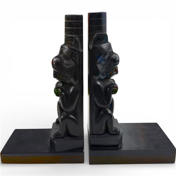 2 Carved Black Haida Beaver Bookends * 9" Tall on a 3" X 5" Base