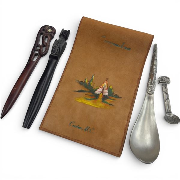 5 Piece Lot of First Nations Design Items * Leather Bound Note Book, Pewter Spoons & 2 Carved Wood L