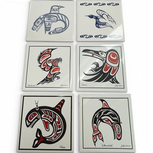 6 Haida & Ojibway Design Decorative Glazed Ceramic Tiles (Cork Backed. Each Tile is 6" X 6")