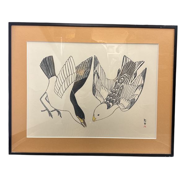 Vintage Framed Print of "Snow Buntings" by Artist Kananginak Pootoogook, Cape Dorset * Framed Dimens
