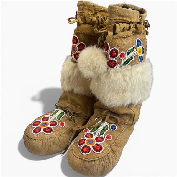 Pair of Beaded Leather Mukluks with Fur Trim (Boot has an 11" long sole)