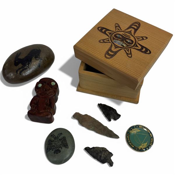 First Nations Design Keepsake Box with Small Collectible Items (4" x 4" x 3" tall)