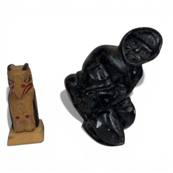 Inuit Soapstone Carving (3" x 4" x 6" tall) & 4" Wood Totem