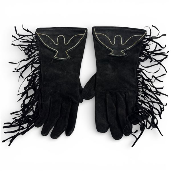 Pair of Women's Black Suede Fringed Gauntlet Gloves - Size Medium