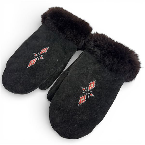 Pair of Beaded and Fur Trimmed Mitts - Size Large