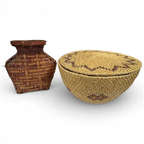 Cedar Bark Urn & Lidded Woven Basket with Geometric Design (Basket measures: 7" deep x 14" diameter