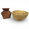 Image 1 : Cedar Bark Urn & Lidded Woven Basket with Geometric Design (Basket measures: 7" deep x 14" diameter