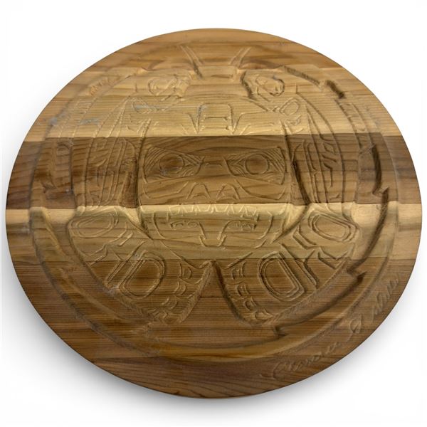 Clarence Mills Carved Wood Lidded Bowl with Haida Design - 10" diameter x 3" deep