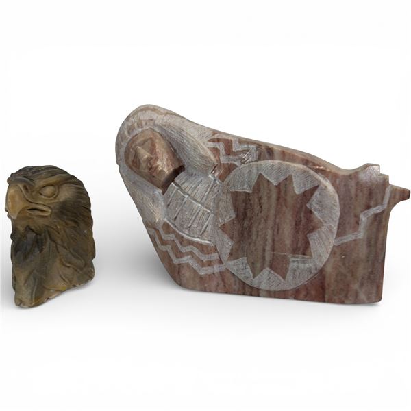 Carved Navajo Alabaster Statue (2" x 6" x 5" tall) & Composite Eagle Head Carving (1" x 2" x 3" tall