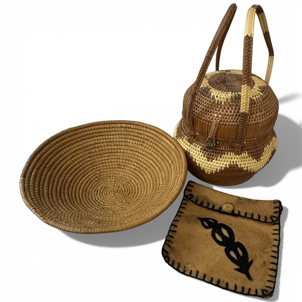 Northwest Coast Woven Basket, Tray and Fabric Pouch (Large lidded basket is 9" tall x 10" diameter)