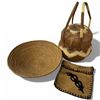 Image 1 : Northwest Coast Woven Basket, Tray and Fabric Pouch (Large lidded basket is 9" tall x 10" diameter)
