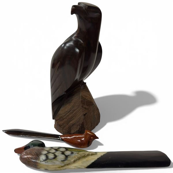 Carved Wood Eagle Statue, Cardinal Letter Opener, & Duck Shoe Horn (Eagle Statue is 8" tall)