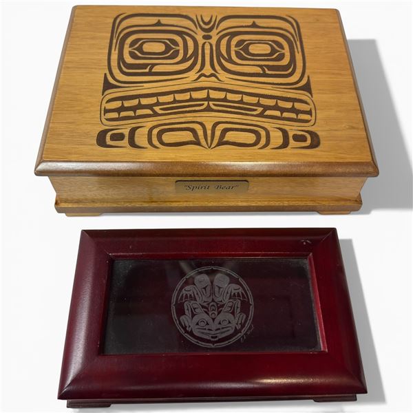 1 Wood & 1 Glass Topped Keepsake Box with First Nation Designs (Larger wood box is 3" x 11" x 9")