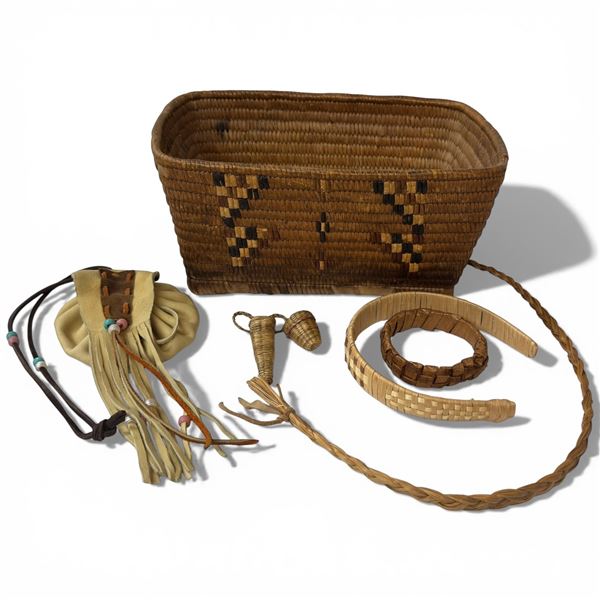 Woven Reed Basket with Assortment of First Nation Collectibles