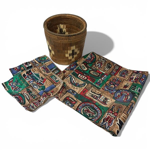 Woven Basket with First Nations Design Table Cloth & 2 Napkins (80" x 60" table cloth)