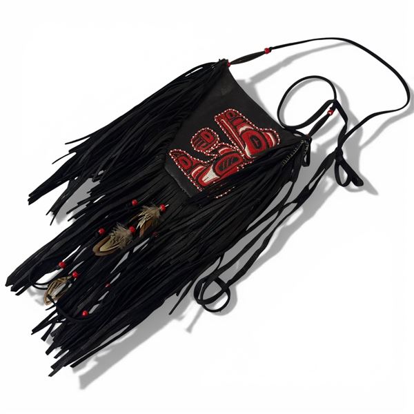 Faux Leather Fringed Purse with Northwest Coast Raven Design (Main body of purse is 7" x 6")