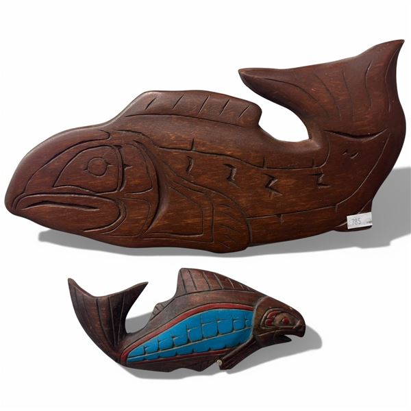 2 Carved Wood First Nations Salmon Design Wall Art (Larger unpainted salmon is signed M. Jack '99)