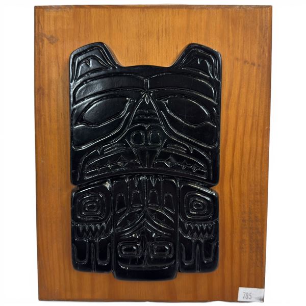 Canadian Made Black Pearlite Bear on Wood Plaque - Plaque is 7" X 9"