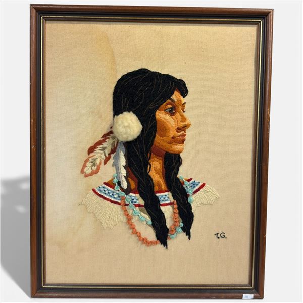 Wood Framed Needle Work Picture Signed T. G. (18" x 22" framed)