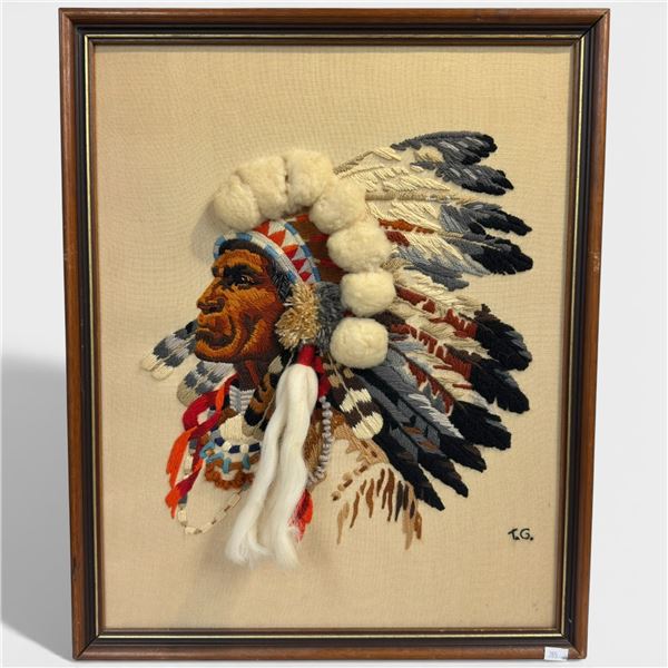 Wood Framed Needle Work Picture Signed T. G. (18" x 22" framed)