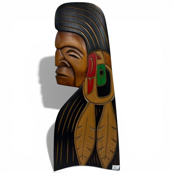 Signed R. Krawchuk "Chief Eagle" Wood Wall Plaque - Squamish BC - (.5" thick x 7" wide x 16" tall)