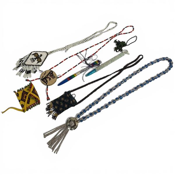 Group of 8 Beaded First Nations Design Ties, Necklaces, Pens & Keepsakes