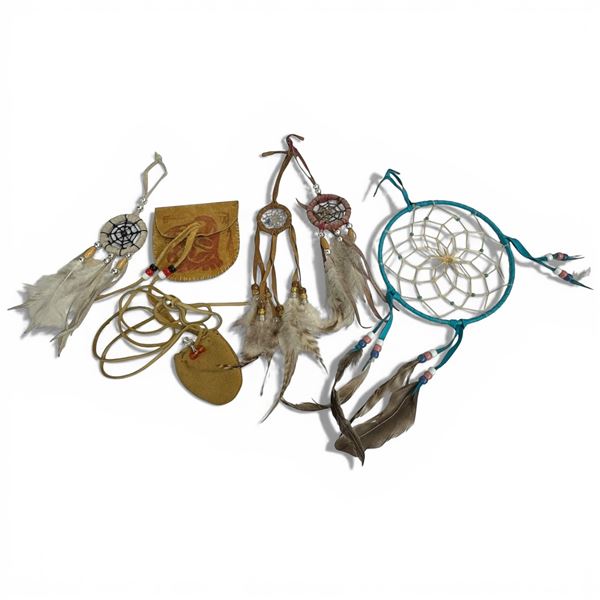 4 Mini Dream Catchers & 2 Small Leather Pouches