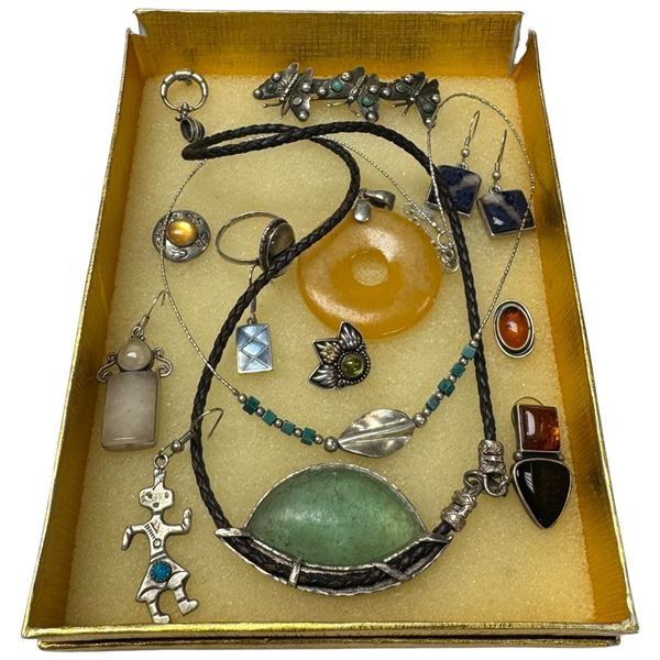 Collection of Single Sterling Earrings, .925 Butterfly Barrette, & 2 Natural Stone Necklaces with .9