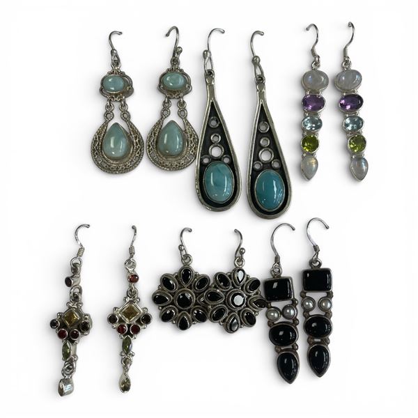6 Pairs of Polished Natural Gemstone & Crystal Earrings in Silver Settings (Black Onyx, Garnet, Amet