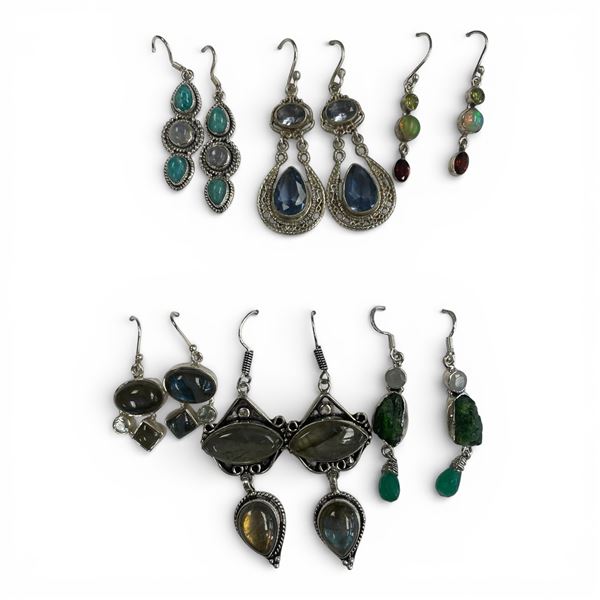 6 Pairs of Polished Natural Gemstone & Crystal Earrings in Silver Settings (Labradorite, Blue Topaz