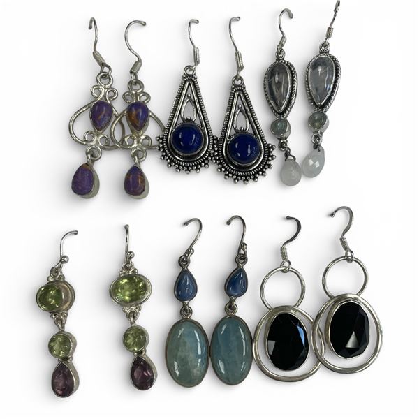 6 Pairs of Polished Natural Gemstone & Crystal Earrings in Silver Settings (Lapis, Amethyst, Peridot