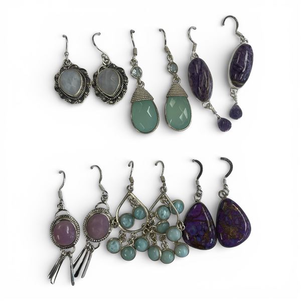 6 Pairs of Polished Natural Gemstone & Crystal Earrings in Silver Settings (Moonstone, Amethyst, Cha