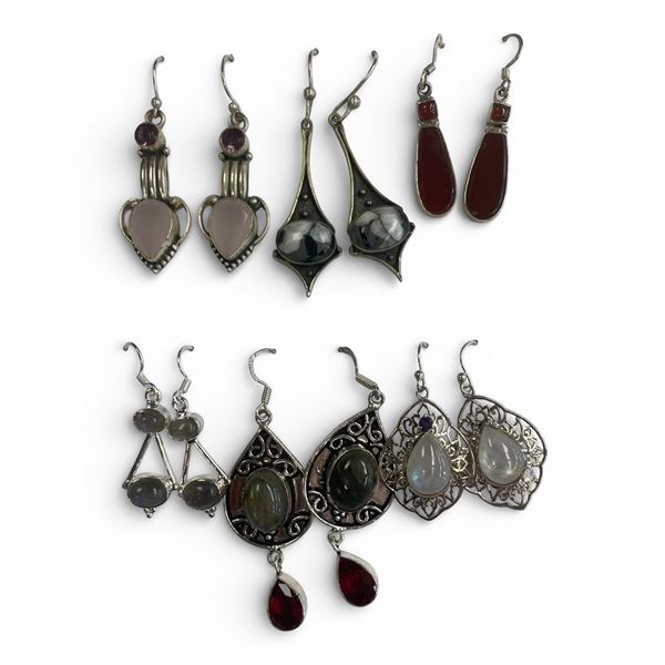 6 Pairs of Polished Natural Gemstone & Crystal Earrings in Silver Settings (Rose Quartz, Garnet, Car