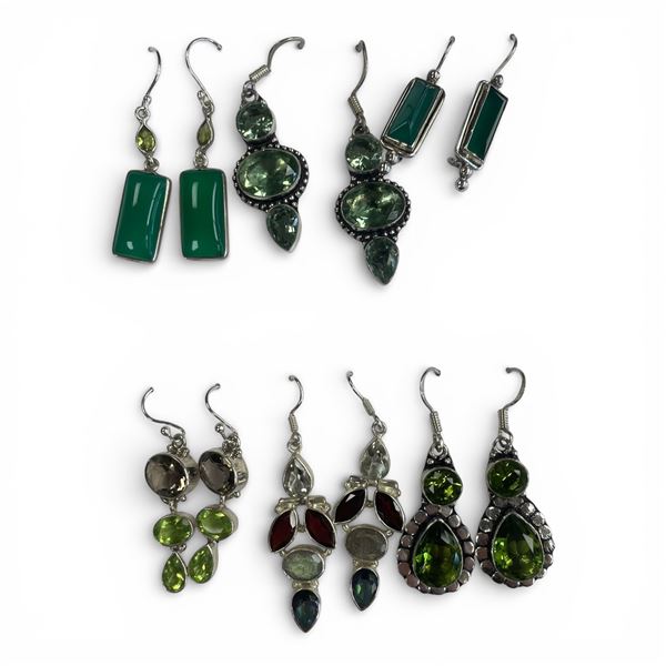 6 Pairs of Polished Natural Gemstone & Crystal Earrings in Silver Settings (Green Agate, Garnet, Per