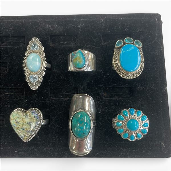 6 New Rings * all stamped .925 * (Turquoise, Ocean Agate, Amazonite, & Agate) Longest ring  is 41 mm