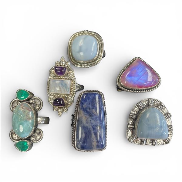 6 New Rings * all stamped .925 * (Sodalite, Larimar, Pink Moonstone & Ocean Agate) Longest ring  is