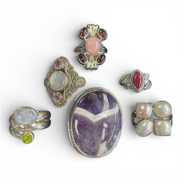 6 New Rings * all stamped .925 * (Chevron Amethyst, Pink Andean Opal, Moonstone & Faux Pearl & More)